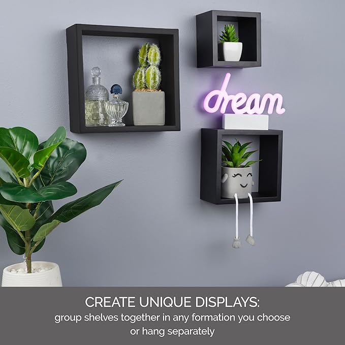 MELANNCO Floating Wall Square Cube Shelves for Bedroom, Living Room, Bathroom, Kitchen - Wood, Set of 3, Black, 5007043