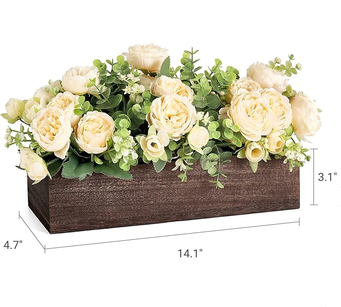 Dahey Centerpiece Table Decorations for Dining Room Farmhouse Living Room Table Centerpieces Decor Wood Tray with 3 Artificial Flowers and 2 Eucalyptus for Kitchen Table, 14.1" x 4.7" x 3.1"