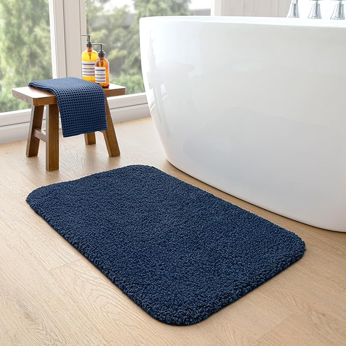 DEXI Bathroom Rug Mat 24x16, Extra Soft and Absorbent Bath Rugs, Washable Non-Slip Thick Carpet Mat for Shower Floor, Tub, Navy