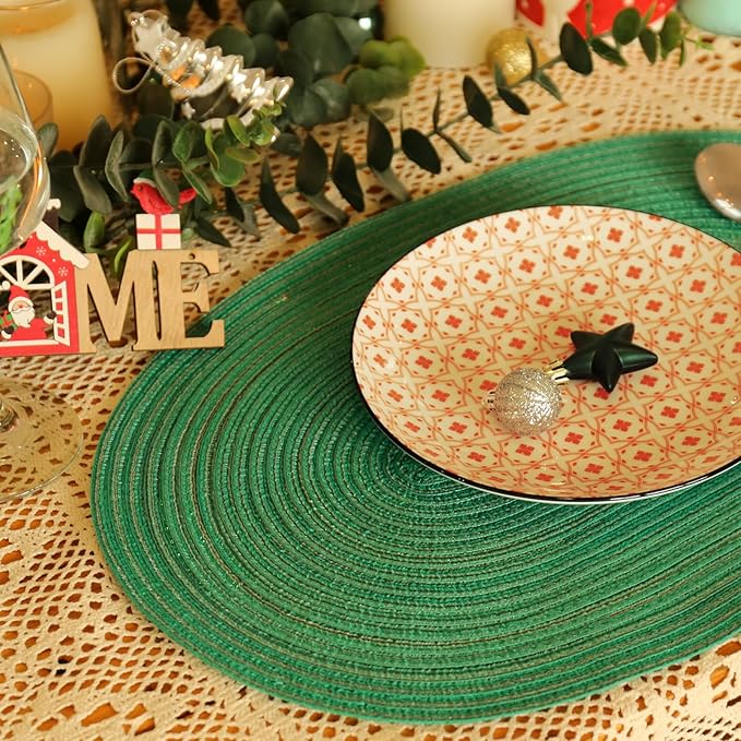 Noctiflorous Oval Braided Placemats Set of 6 Woven 12x18 Inch Non Slip Washable Heat Resistant Place Mats Round Tablemats for Dining Kitchen Party Daily Table Decor Dinner Mats (04 Green Shine, 6)
