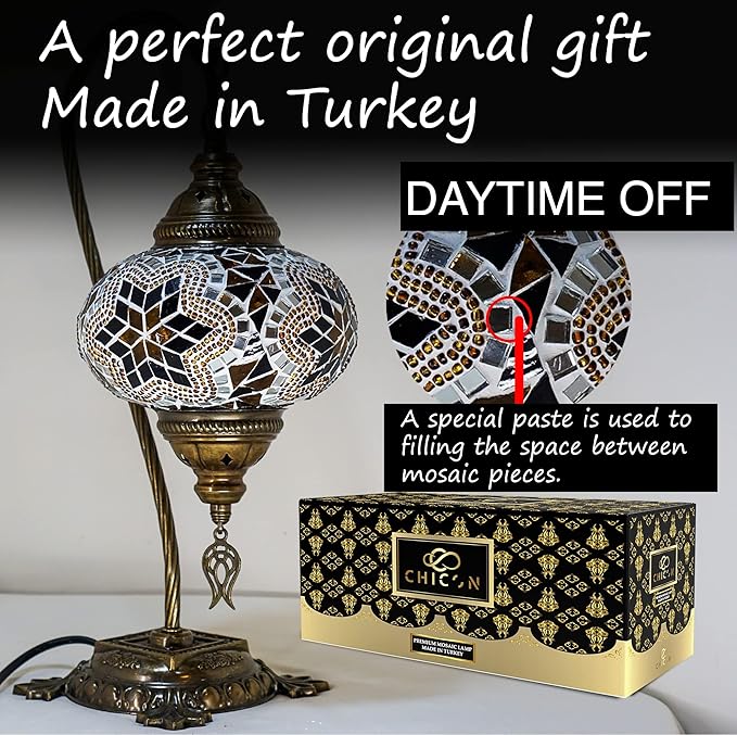 CHICON Handmade Mosaic Turkish Lamp | Genuine Glass Mosaic | A Piece of Art in Unique Lamps | Antique Vintage Lamp | Tiffany Boho Lamp | Moroccan Bohemian Small Table Lamp - SWAN Flower Yellow