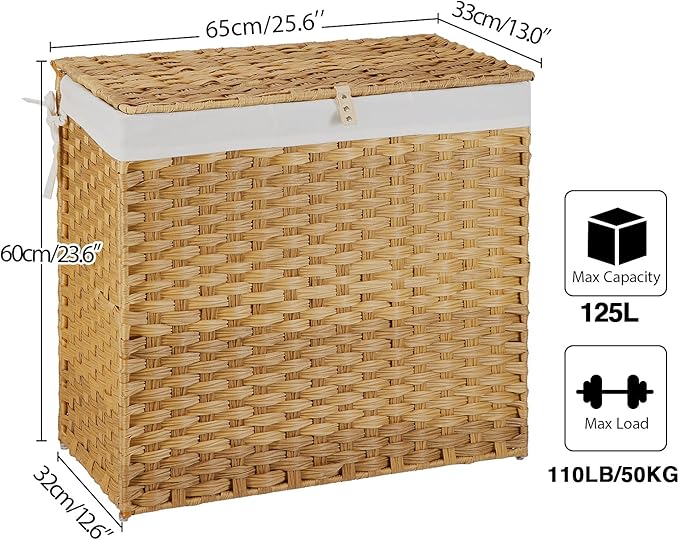 Greenstell Laundry Hamper with Lid, 125L Large Clothes Hamper with 3 Section & 2 Section Removable Liner Bags & 5 Mesh Laundry Bags, Handwoven Synthetic Rattan Divided Laundry Basket, Natural