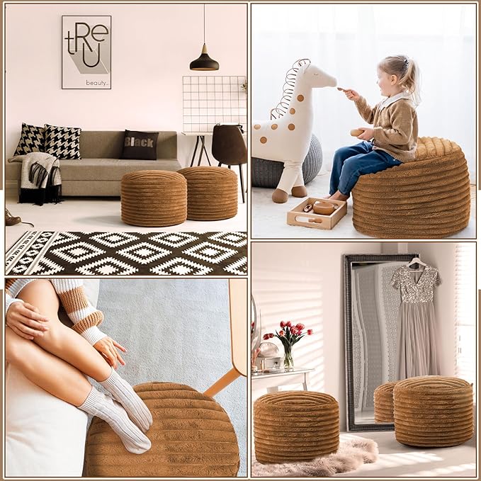 2 Pcs 26 x 18 Inch Unstuffed Pouf Cover Ottoman Foot Rest - No Filler, Faux Rabbit Fur Foot Stool Floor Bean Bag Floor Chair Storage for Living Room Bedroom Home Decor(Brown)