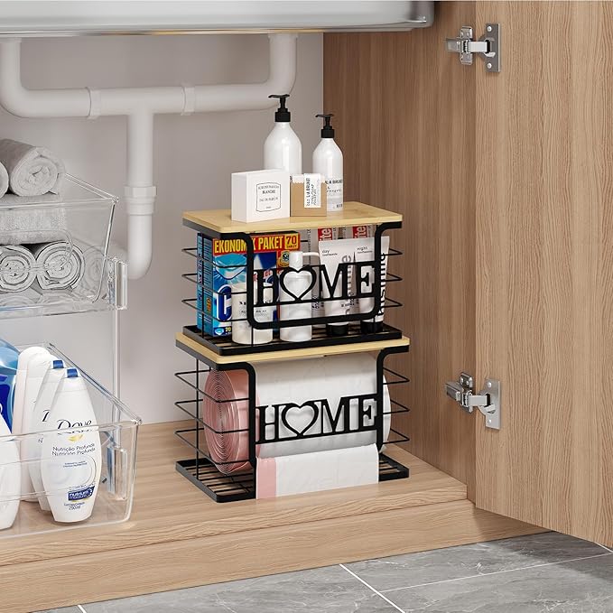 Trash Bag Holder, Thipoten Trash Bags Dispenser with Bamboo Top, Suitable for Garbage Bags Purchased Online or Supermarket, Perfect Storage Organizers for Cabinet, Under Sink (Black, Extra Large)