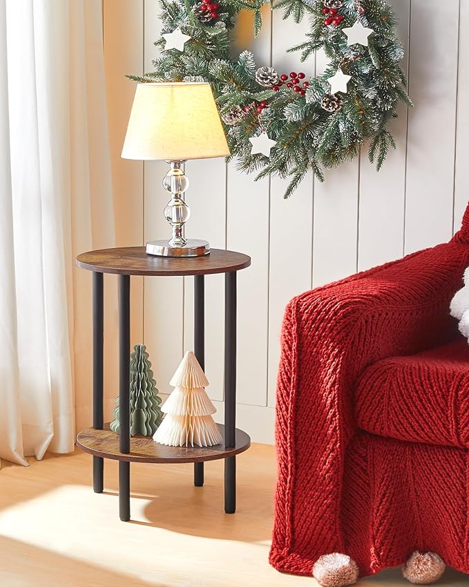Round Side Table, 2-Tier End Table, Small Round Nightstand with Sturdy Metal Tube, Industrial Circular Coffee Table, for Living Room, Bedroom, Rustic Brown and Black TBZ01BF