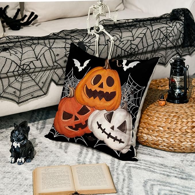 AVOIN colorlife Halloween Pumpkin Jack-O'-Lanterns Bat Throw Pillow Cover, 18 x 18 Inch Holiday Farmhouse Black Cushion Case Decoration for Sofa Couch