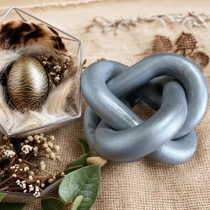 Wood Knot Decor -Coffee Table Decor Shelf Decor Table Books Hand Carved Home Decoration Boho Country Rustic Modern Shabby Chic Style 3 Link Wooden Knot Chain Link Decor (Silver)
