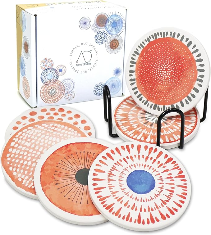AD Set of 6 Coasters for Drinks Absorbing Round Ceramic Stone Coaster with Cork Base Tabletop Protection Mat for Mugs and Cups,Office,Kitchen (Coral Watercolor with Holder)