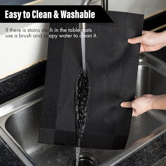 Winknowl Placemats, Set of 8 Heat Resistant Stain Resistant Woven Vinyl Insulation Place mats, Durable Washable Elegant Table Mats for Dining (Black)