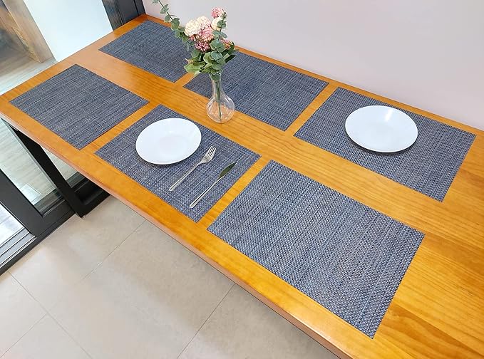 Zupro Placemats Set of 6 Washable Heat-Resistant Non-Slip Braided Table Mats Woven PVC Vinyl Kitchen Place Mats for Everyday use or Dinner Parties BBQs Indoor and Ourdoor Use.18"x12"(Dark Blue Gold)