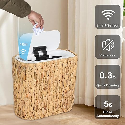 Boho Kitchen Trash Can with Lid,3.5 Gallon Automatic Small Rattan Trash Can,Slim Wicker Motion Sensor Garbage Can and Hamper 2 in 1 for Bathroom,Narrow Waste Basket for Office, Living Room