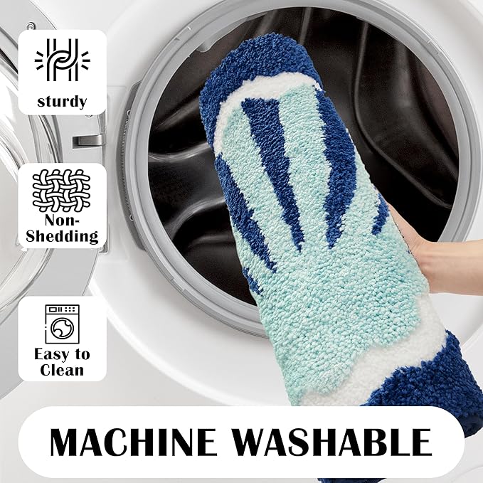 Navy Blue Beach Long Bathroom Rugs Runner Non Slip Washable Cute Coastal Bath Mats Rugs for Bathroom Floor Nautical Fluffy Plush Soft Absorbent Farmhouse Carpet for Shower, Tub, 20x47 inch
