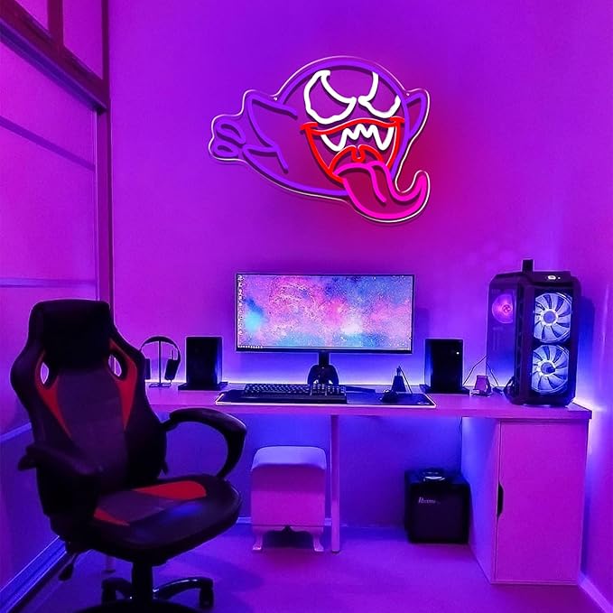 King Boo Neon Sign For Wall Decor, Ghost Face Dimmable Neon Light For Bedroom Led Light Up Sign Creative Room Decor, Gaming Backdrop Home Party Birthday Gift For Kids Boys Girls