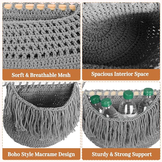 4 Tier Hanging Fruit Basket for Kitchen, 4 Pack Detachable Cotton Crocheted Wall Hanging Baskets Shelf Over Door Organizer for Fruit Veggie Plant, Hanging Storage Basket for Bathroom Bedroom(Gray)