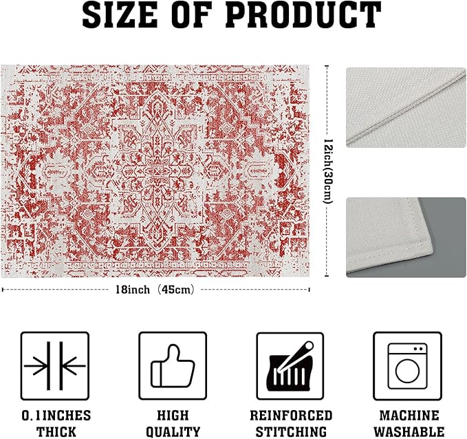 Gray Red Boho Placemats Set of 4 Ethnic Bohemian Carpet Place Mats Washable Kitchen Dining Vintage Grey Geography Floral Linen Table Mats Stain Heat-Resistant Cloth Tabel for Home Party 12x18 in