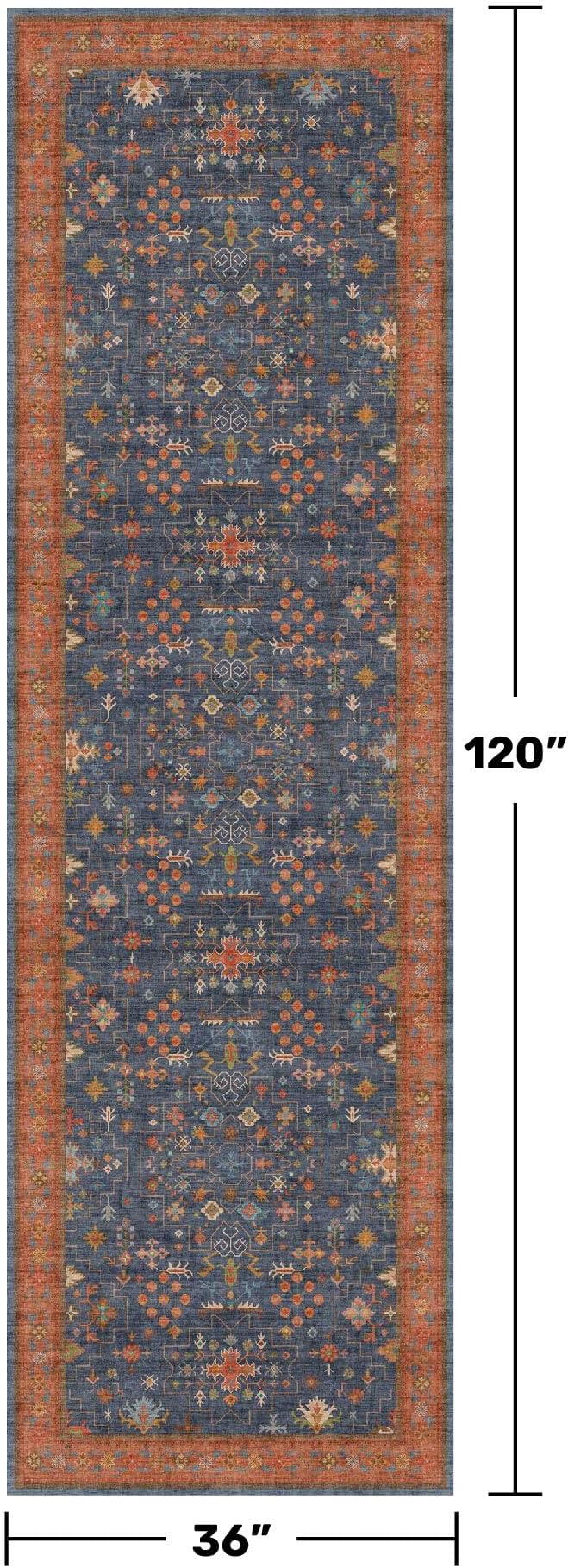 Washable 10 ft Long Runner for Kitchen Floor - Navy Blue Hallway Runner Rug, Pet Friendly Waterproof Non Slip with Rubber Backing, Stain Resistant Laundry Room Rug (3x10 Navy Blue & Terracotta)