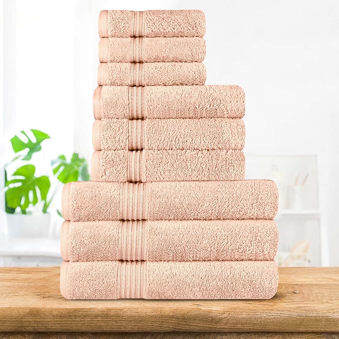 Superior Egyptian Cotton 9-Piece Towel Set, Assorted Towels for Home Bathroom, Guest Bath Decor Essentials, Includes 3 Bath, 3 Hand, 3 Face Towels/Washcloths, Quick Dry, Absorbent - Peach