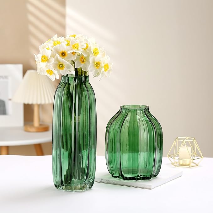 Green Glass Vase for Flowers Bud Tall Glass Vases,H-12.0" Simple Striped Design for Home Floor Decor,Farmhouse Decor, Centerpiece Coffee Table Decorations (Green 12.0IN)