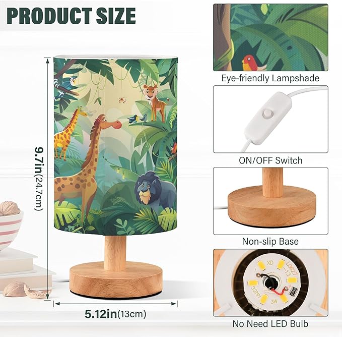 Table Lamp Forest Animal Giraffe Lion Tiger Bird Parrot Tropical Leaves Nightstand Lamp with Wood Base Fabric Lamp Shade Bedside Desk Lamp for Living Room Bedroom Kids Room Office