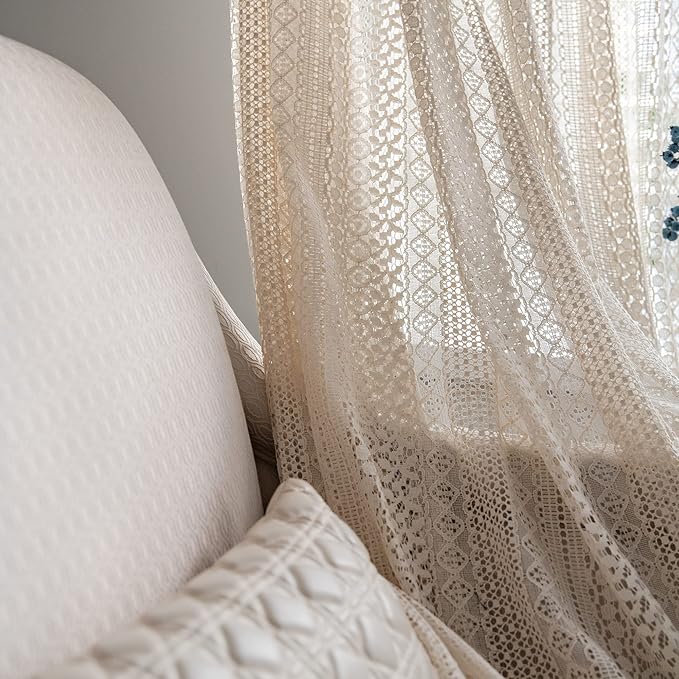JOOJA 2 Panels Beige Lace Sheer Boho Lace Curtains with Crochet Semi Sheer Vintage Drapes for Living Room Bedroom, Farmhouse, Bohemian Style Modern (Crochet Beige, 59x96)