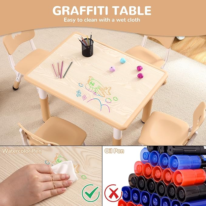 Kids Table and Chairs Set, Height Adjustable Desk With 4 Seats for Ages 2-10,Arts & Crafts Table,Graffiti Desktop, Non-Slip Legs, Max 300lbs, Children Multi-Activity Table for Classrooms,Daycares,Home