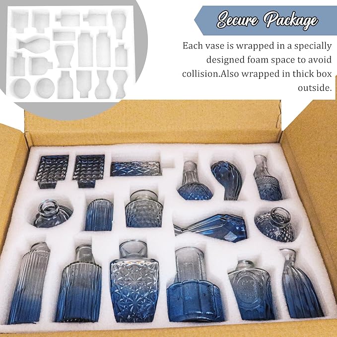 36Pcs Bud Vases Set Small Vintage Glass Bottles Bud Vases in Bulk Multiple Shape Cute Glass Vases for Rustic Wedding Centerpieces Table Decorations and Home Decor(Blue)