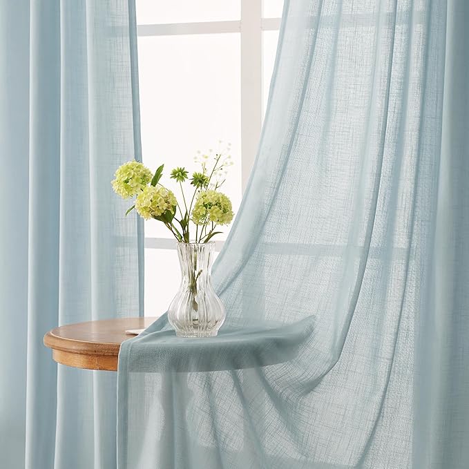 Sky Blue Curtains 108 inch Length for Bedroom Back Tab Light Filtering Semi Sheer Blue Living Room Curtains Linen Cotton Textured Drapery Panel Aesthetic Decor Light Blue 52x108