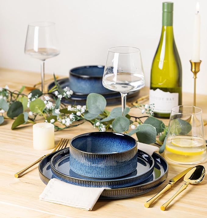 TheTerra Ceramic Dinnerware Sets for 8, 24 Pieces Porcelain Lightweight Speckled Plates and Bowls Sets, Scratch Resistant Dish Set, Oven & Microwave & Dishwasher Safe, Starry Blue