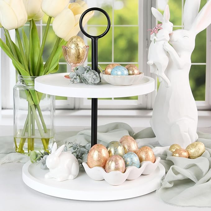 Decorative Wooden Tiered Tray Stand - Beautiful Two Tiered Coffee Table Serving Tray Enhances Your Seasonal Modern Farmhouse Decor - The Perfect Centerpiece for Your ChristmasTable Decorations