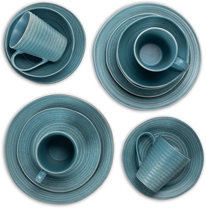 Elanze Designs Charming Chic Ribbed Modern Thrown Pottery Look Ceramic Stoneware Plate Platter Mug & Bowl Kitchen Dish Dinnerware 16 Piece Set - Service for 4, Turquoise