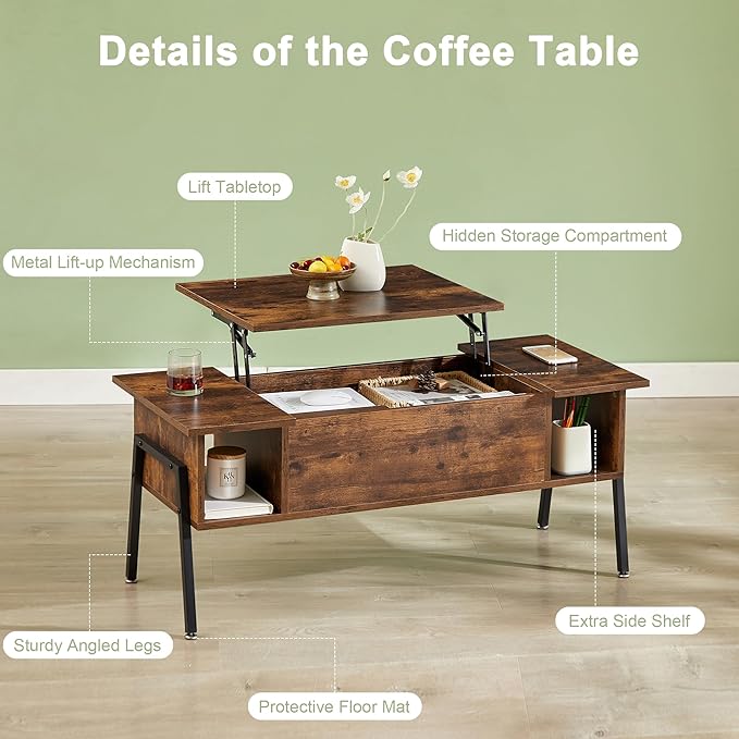 VECELO Wood Lift Top Coffee Table with Hidden Compartment and Storage Shelf for Living Room/Office Reception, Rising Tabletop, Brown