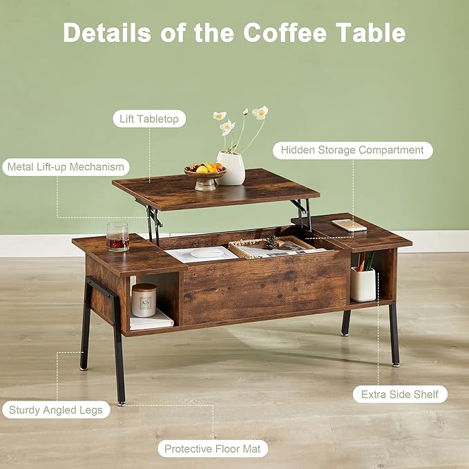VECELO Wood Lift Top Coffee Table with Hidden Compartment and Storage Shelf for Living Room/Office Reception, Rising Tabletop, Brown