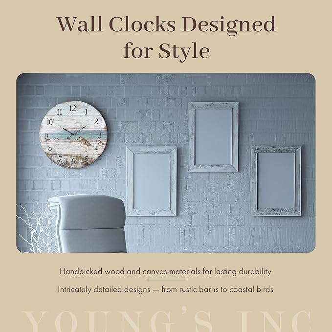Young's Inc Wood Block Home Wall Clock and Sign, Wall Art for Living Room Decor, Farmhouse, Wall Decor, Battery Operated Clock, Set of 4