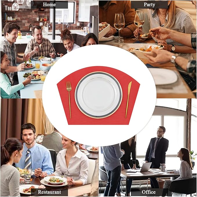 SHACOS Large Size Wedge Shape Placemats with Centerpiece Round Mat Set of 5 Round Table Place Mats Washable Dining Table Placemats Reversible, Red