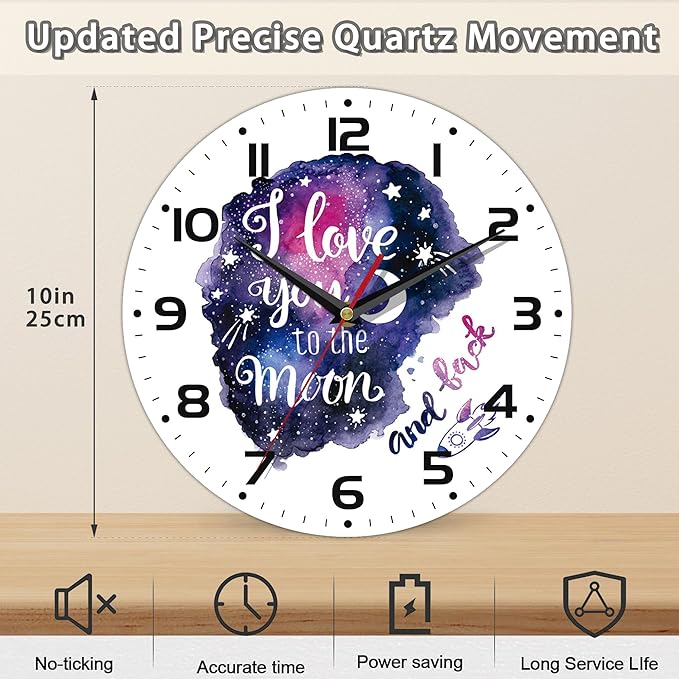 Galaxy Star Vintage Wooden Battery Operated I Love You to The Moon Non Ticking 10 inch Silent Art Bedroom Kitchen Clock Home Decor for Girls Kids
