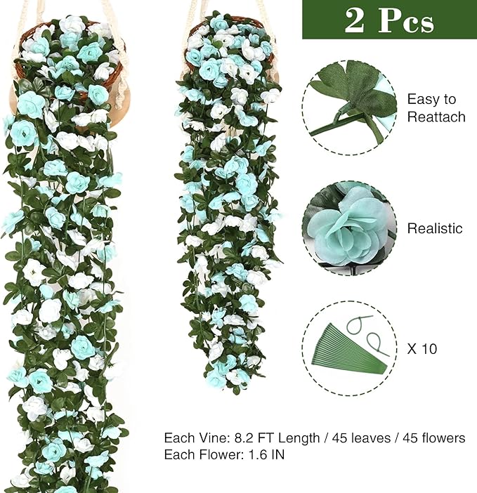 BLEUM CADE 2Pcs 16.4Ft Flower Garland Artificial Rose Vines for Bedroom, Cute Fake Hanging Flower Vines Floral Garland Decorations for Wedding Party Wall Room Decor Aesthetic