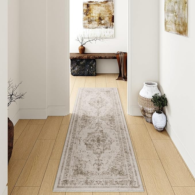 Runner Rug 2x5 Washable Taupe Hallway Runner Vintage Boho Medallion Non Slip Distressed Retro Carpet Indoor Low Pile Long Soft Rug for Kitchen Entryway Bedroom Bathroom Laundry