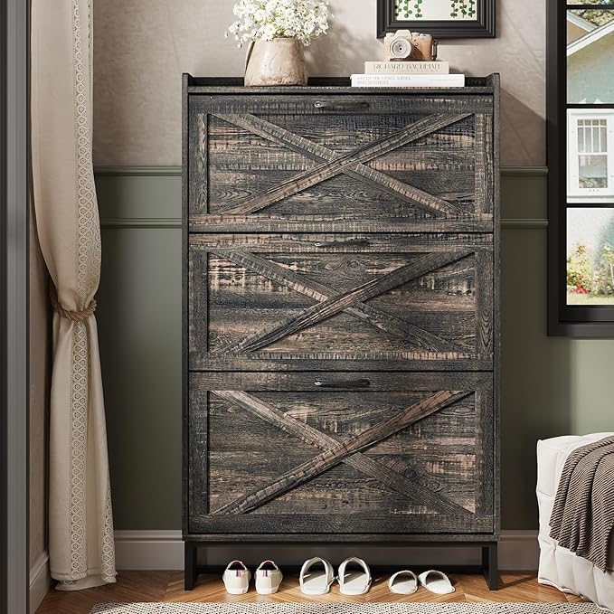 Maupvit Shoe Storage Cabinet with 3 Flip Drawers, Freestanding Organizer with Metal Legs for Entryway, Narrow Shoe Rack Cabinet, Dark Rustic Oak