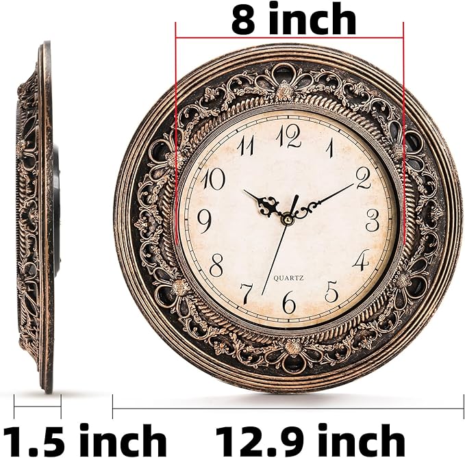 Silent Wall Clock, 13 Inch Vintage Large Wall Clocks, Battery Operated Round Bathroom Clock, Non-Ticking Decorative Retro Analog Clocks for Living Room, Office, Kitchen, School, Bedroom