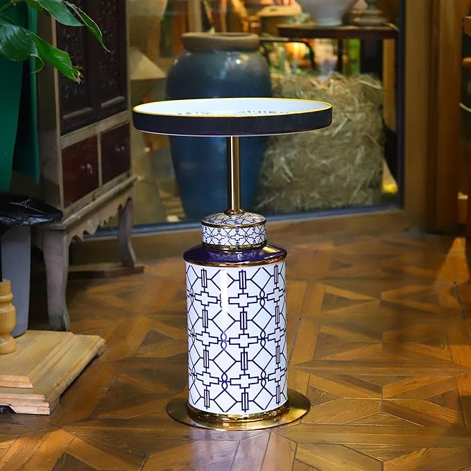 Diamond Pattern Vase-Shaped Side Table with Ceramic Tile Top – Accent Table for Coffee, Tea, or Nightstand Use in Living Room, Bedroom, Indoor & Outdoor Spaces