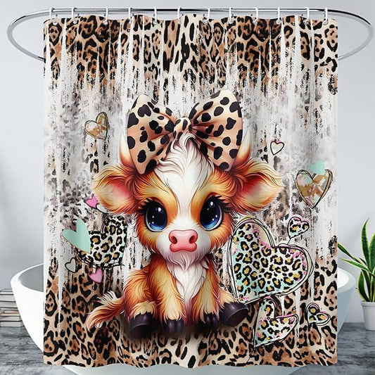 AILONEN Cartoon Yak Shower Curtain Set, Kids Leopard Print Love Yak Waterproof Fabric Shower Curtain for Bathroom Decor,Bow Tie Yak Cloth Bath Curtain Set with Plastic Hooks,72" Wx96 H