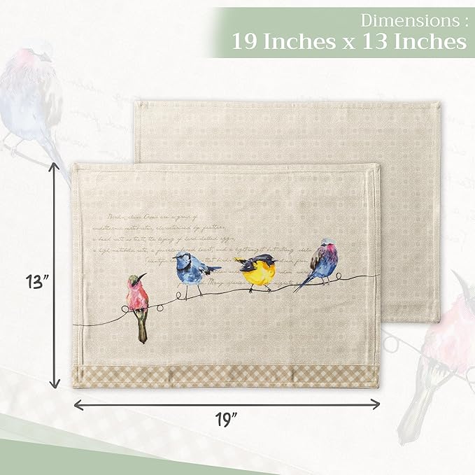 Maison d' Hermine Placemats Set of 4 100% Cotton Washable Cloth Place Mats, Reusable Table Mats for Kitchen Dining Decoration, Party, Wedding, Restaurant Spring/Summer (Birdies On Wire, 13" x 19")