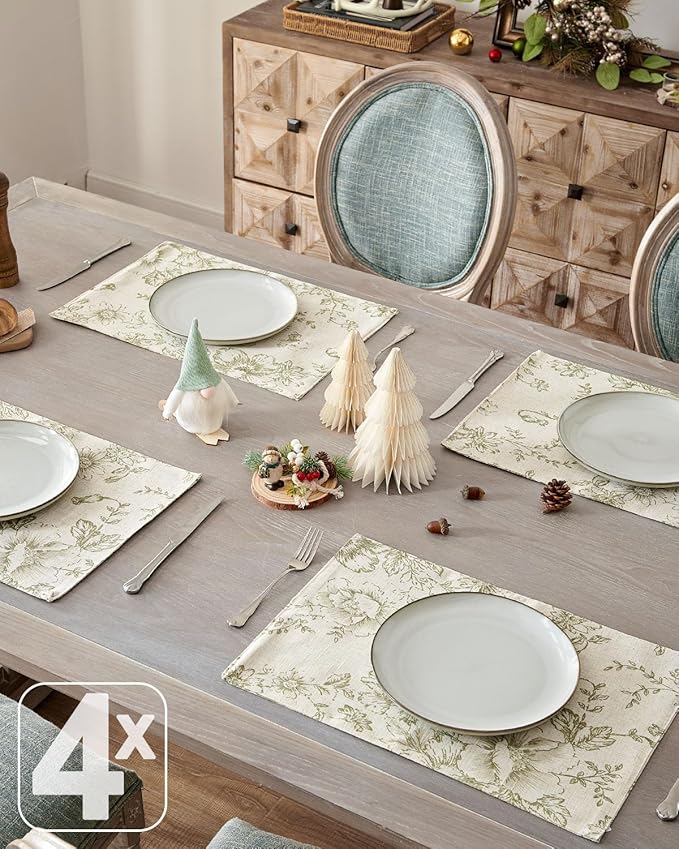JINCHAN Floral Placemats Set of 4 Farmhouse Fall Autumn Linen Placemats Cloth Table Mats Holiday Seasonal Rustic for Kitchen Dining Table Decor Heat Resistant Washable Tablemats 13x19 Inch Green