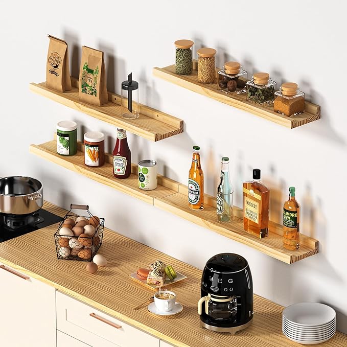 Picture Ledge Shelf, 16 inch Solid Pine Wood Floating Shelves, Floating Book Shelves for Living Room Bedroom Kitchen Decor, Natural Unfinished, No Stain, DIY, Set of 4 (Maple Wood, 4Pack 16inch)
