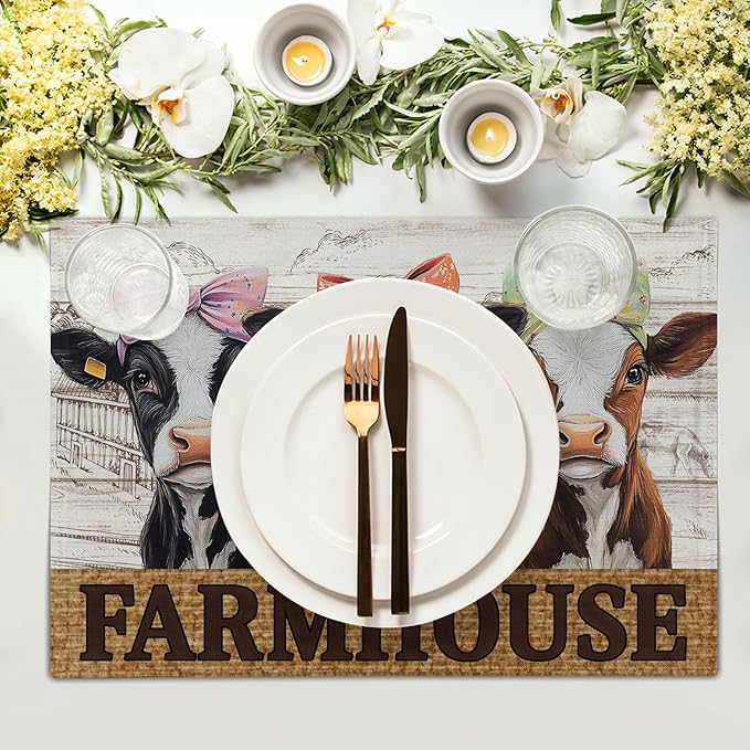 Cute Cow Farmhouse Placemats 4pcs, Farm Animal Tabletop Mat Rustic Style Non-Slip Washable Place Mats 12 x 18 Inch for Holiday Kitchen Dining Decor