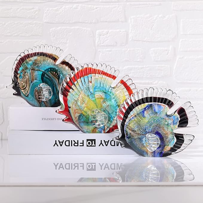 Blown Glass Fish Statues and Sculptures, Stained Glass Fish Modern Art for Coastal Style Home Decor, Shelves Office Fish Tank Bookcase and Entryway Entry Table Top Coffee Table.