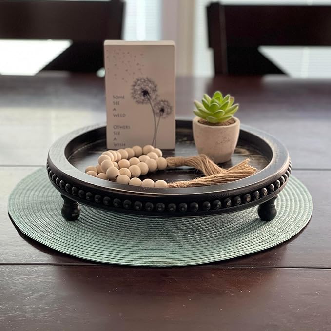 Wooden Tray for Home Decor, Round Wood Beaded Tray, Decorative Tray for Living Room Decor Coffee Table Decor Kitchen Table Decor or Farmhouse Decor Serving Tray (Black)
