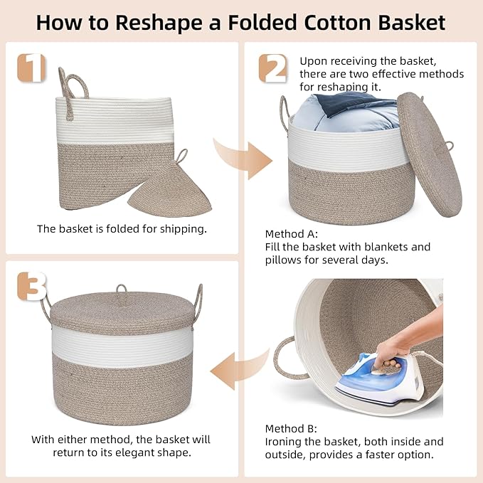 Laundry Basket with Lid, Woven Cotton Rope Laundry Hamper Foldable Storage Organizer Bin Blanket Basket for Comforter, Cushions, Clothes, Pillows, 20.5x20.5x15 Inch, Brown/White