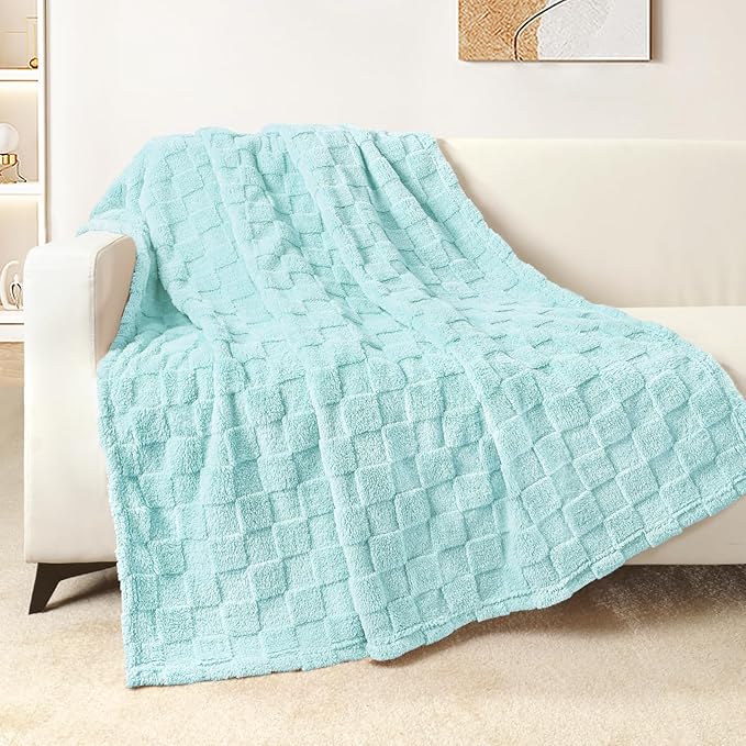 Exclusivo Mezcla Fleece Throw Blanket for Couch,Super Soft and Warm Lightweight Checkered Pattern Blankets for All Seasons, 50x60 Inches, Light Blue