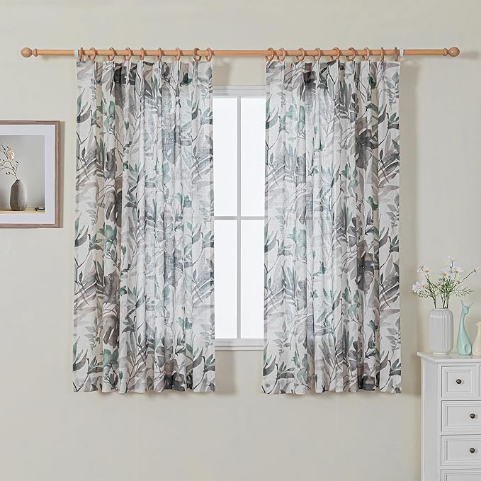 MYSKY HOME Pinch Pleated Floral Linen Curtains 63 Inches Long for Living Room - Light Filtering, Privacy Protect Printed Drape Window Treatments 2 Panel, Brown and Natural